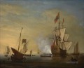 Peter Monamy attrib Hafenszene Ein englisches Schiff mit Segel gelockert Brennen einer Seeschlachten Pistole